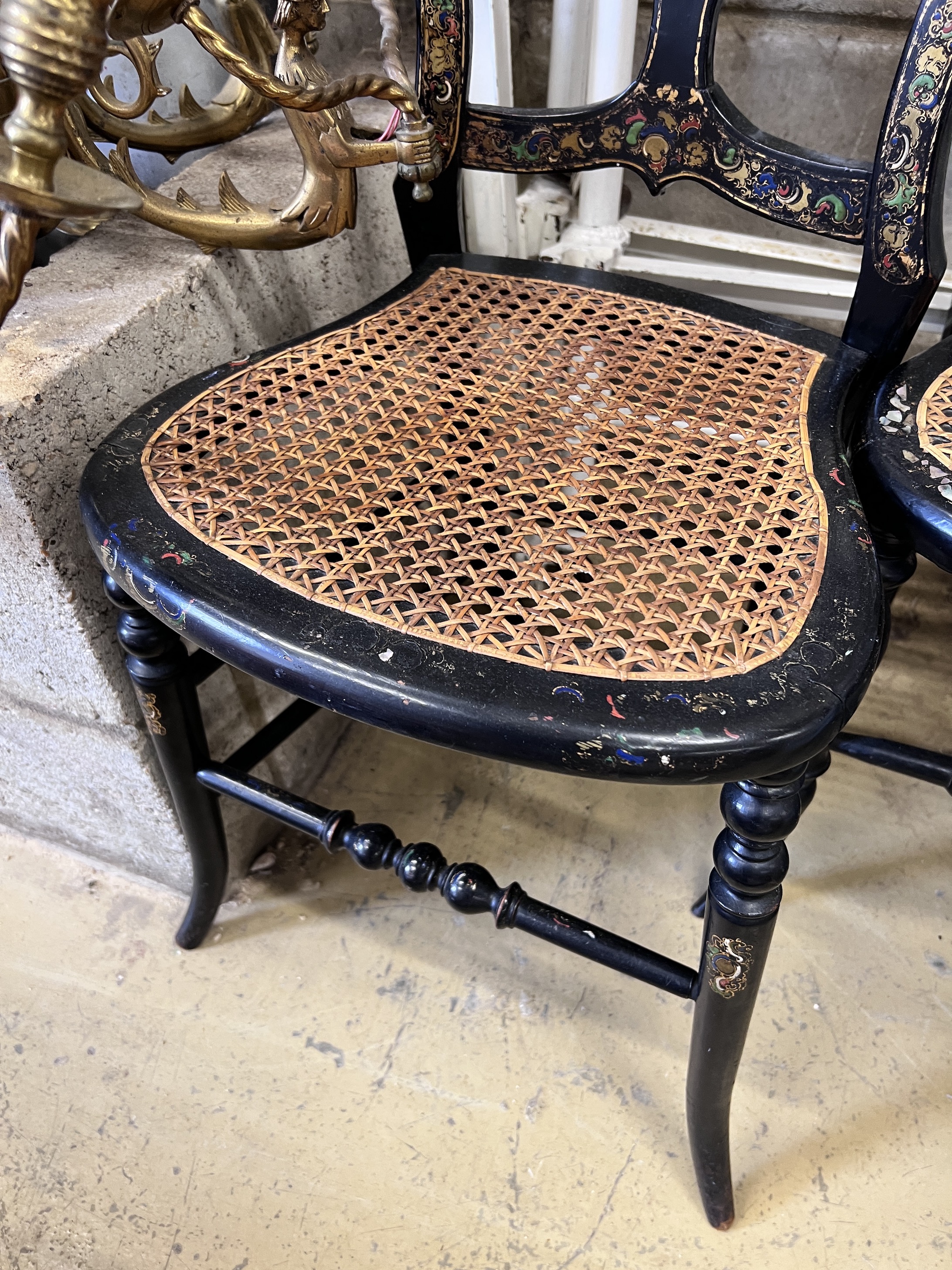 A pair of Victorian mother of pearl inlaid papier mache and ebonised salon chairs, height 85cm